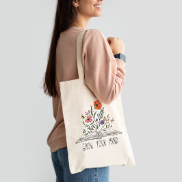 Bolsa Tote Cresça a sua mente, Boho, flor selvagem e livro