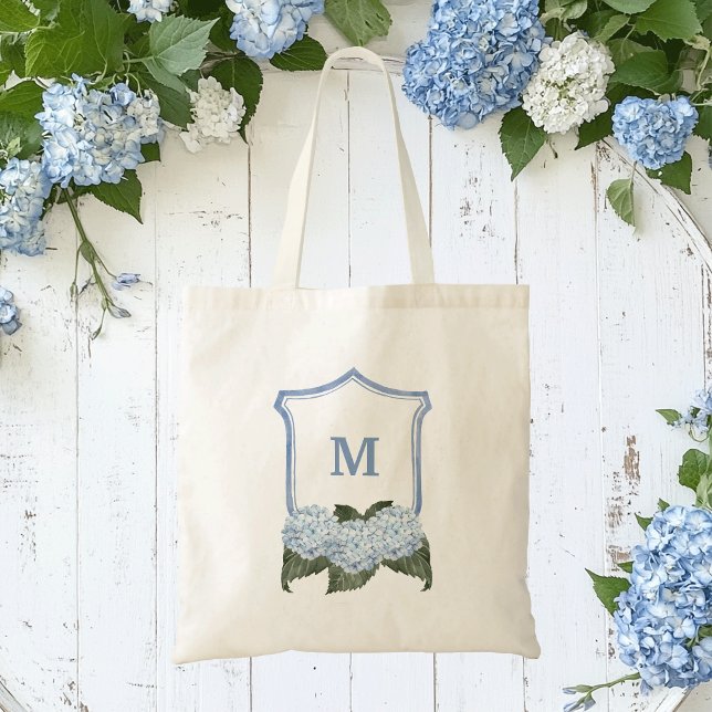 Bolsa Tote Crest de Hortênsia Azul e Cesta Personalizada  (Monogram blue hydrangea tote bag)
