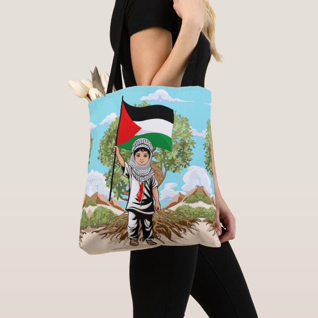 Bolsa Tote Criança com Keffiyeh Palestine Flag e Olive Tree (Close Up)