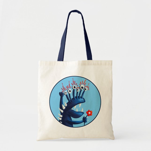 Bolsa Tote Crianças Azuis Engraçadas com Flor Monstro (Frente)