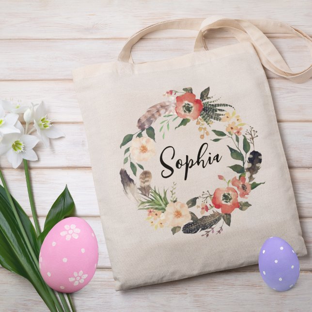 Bolsa Tote Crianças de Páscoa Floral Personalizadas (Easter egg hunt tote bag for kids)