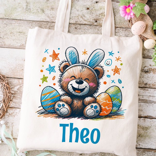 Bolsa Tote Crianças de páscoa Nome Boys Bunny Teddy Bear (Teddy Bear Easter Kids Tote)