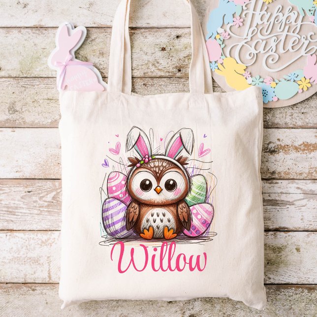 Bolsa Tote Crianças de páscoa Nome Raparigas Bunny Owl (Custom Easter Hunt Bag)