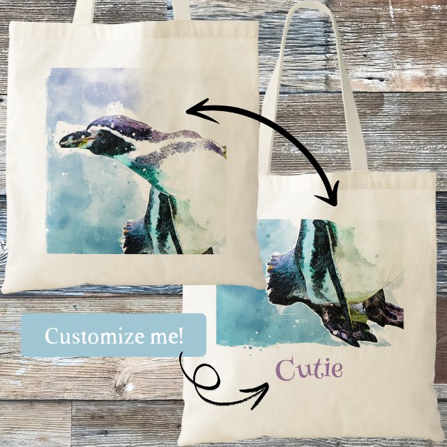Bolsa Tote Crianças de Pinguim-Cinto-Branco Preto e Branco (This cute penguin in watercolor style is customizable with a word or name of your choice. )