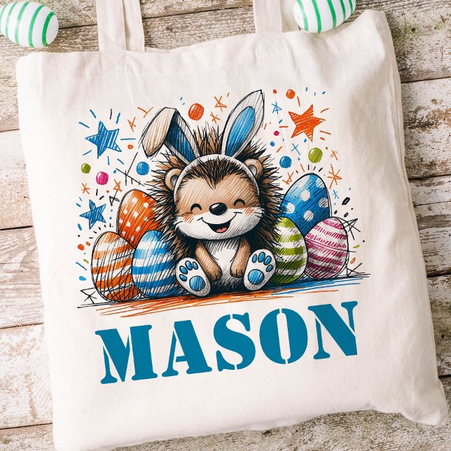 Bolsa Tote Crianças páscoas Nome Boys Bunny Hedgehog (Boys Easter Tote)
