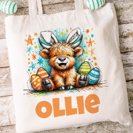 Bolsa Tote Crianças páscoas Nome Boys Bunny Highland Cow