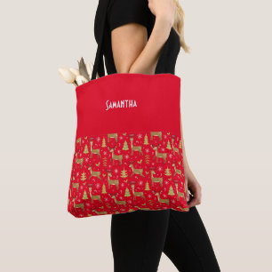 Bolsa Tote Crianças, Reinador de Natal Jogando Nome Vermelho