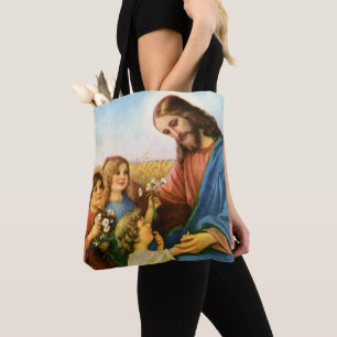 Bolsa Tote Crianças Vintage Trazem Flores para o Cristo de Je