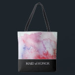 Bolsa Tote Criar seu próprio saco pintado à mão do casamento<br><div class="desc">Splatter pintado à mão moderno da aguarela,  vermelho,  rosa,  cores azuis. 
Criar sua própria parte traseira wedding.
Em seu próprio texto na parte dianteira do saco goste,  a madrinha de casamento,  mãe da noiva e você pode adicionar o nome pessoal na parte traseira.
.</div>