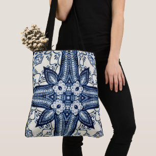Bolsa Tote Crie seu próprio jeans azul vintage floral persona
