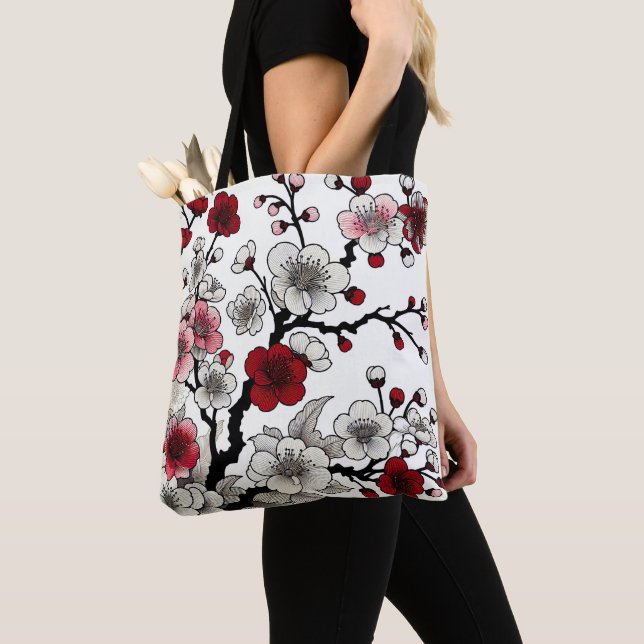 Bolsa Tote Crimson Blossom Elegance - Flora Inspirada no Japo (Close Up)