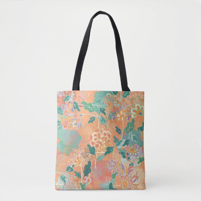 Bolsa Tote crisântemo chinês: padrão laranja floral. (Frente)