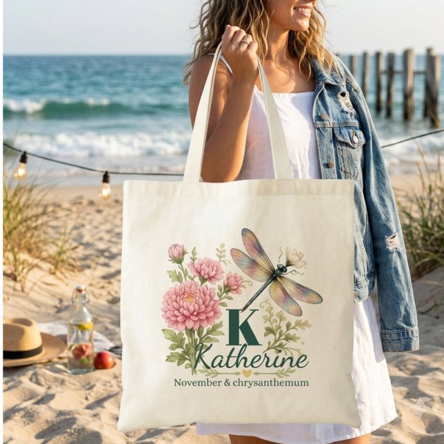Bolsa Tote Crisântemo e Libélula Flor de Nascimento de Novemb (Criador carregado)