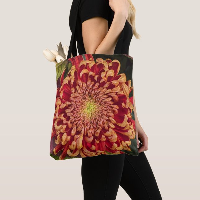 Bolsa Tote Crisântemo Floral Vermelho e Amarelo (Close Up)