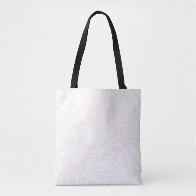 Bolsa Tote Crisântemos Rosa Pálido Desenho Linear com Nome (Frente)
