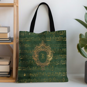 Bolsa Tote Crista de Monograma Vintage Partitura Música Verde