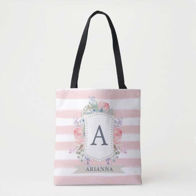 Bolsa Tote Crista floral da aguarela com a listra do (Frente)