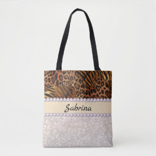 Bolsa Tote cristais de brilho de diamante rosa de tigre-leopa