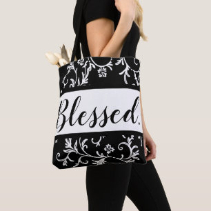 Bolsa Tote Cristão moderno branco preto abençoado do damasco