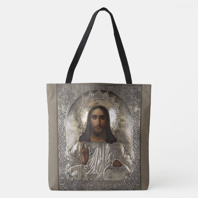 Bolsa Tote Cristo Pantocrator Silver Oklad Riza Ícone Russo (Frente)