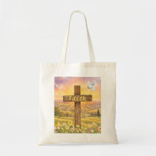 Bolsa Tote Cruz de Madeira Rústica em Prado ao Nascer do Sol
