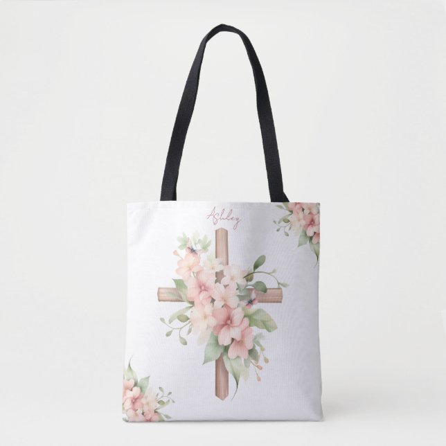 Bolsa Tote Cruz de Páscoa em Aquarela Personalizada (Frente)