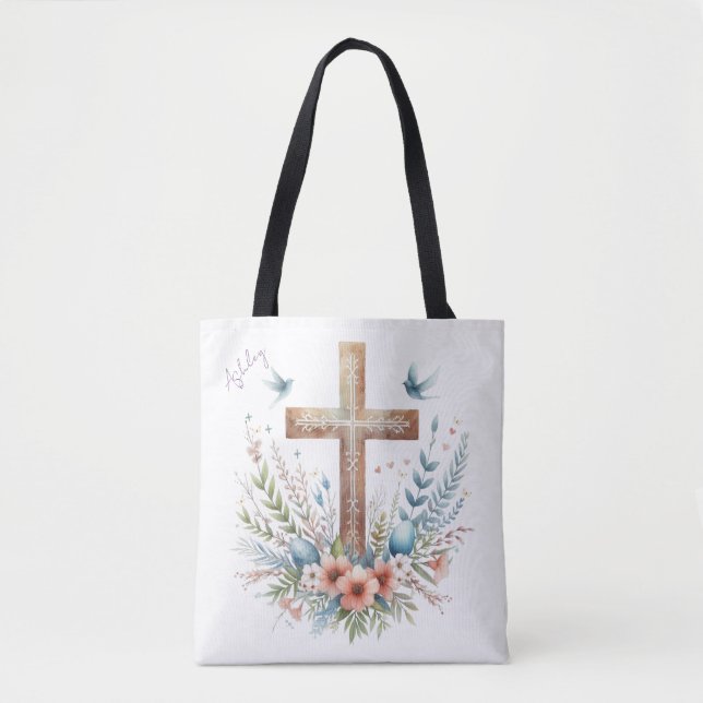 Bolsa Tote Cruz de Páscoa Personalizada em Aquarela (Frente)
