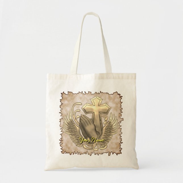 Bolsa tote cruz mãos em oração cristã (Frente)