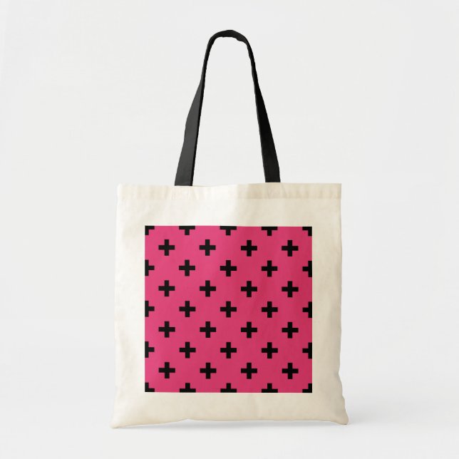 Bolsa Tote Cruzes de polca negra em fuchsia (Frente)