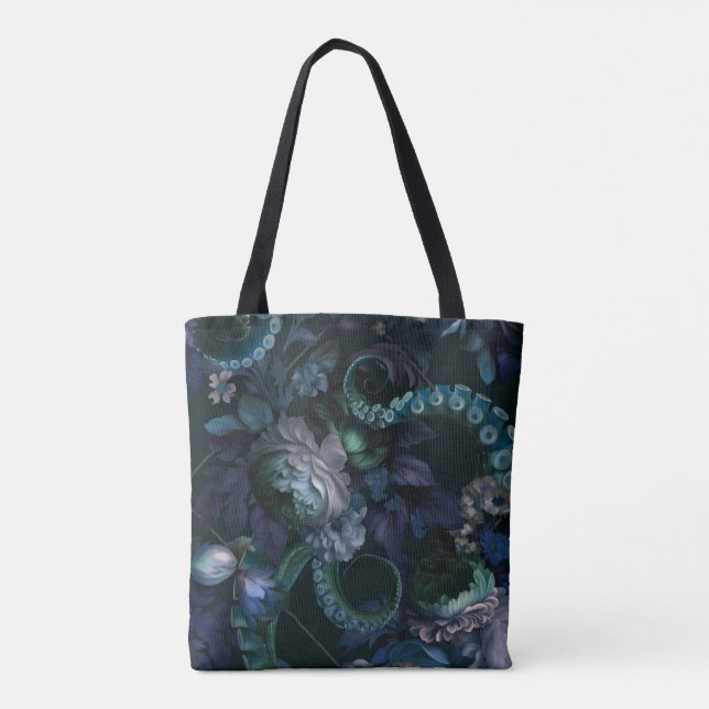 Bolsa Tote Cthulhu Gótico Tentáculo Turquesa Com Flores (Verso)