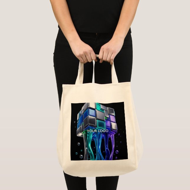 Bolsa Tote Cubo de Quebra-Cabeça Futurista em Cromo (Frente (produto))