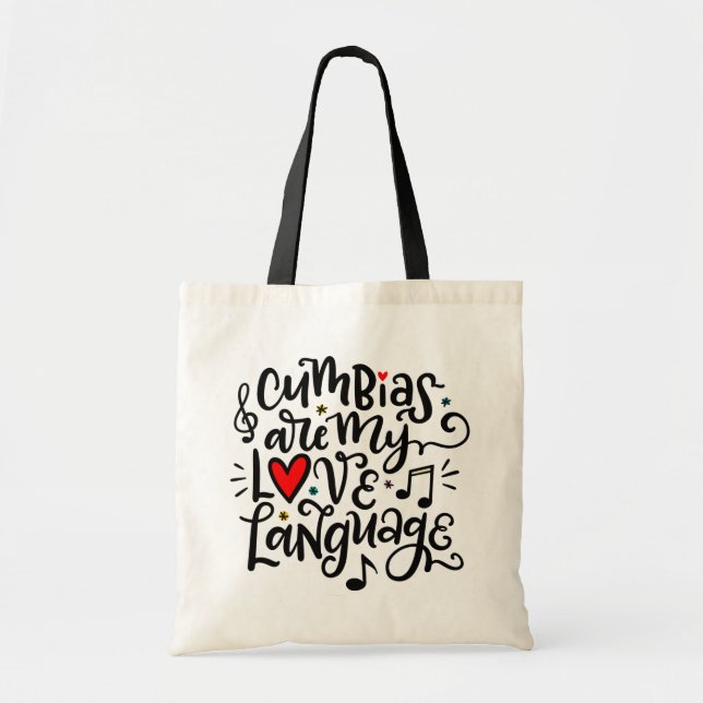 Bolsa Tote Cumbias são a minha língua de amor, a língua ingle (Frente)