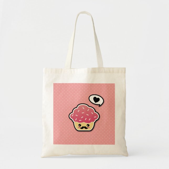 Bolsa Tote Cupcake Rosa Kawaii com bigode (Frente)