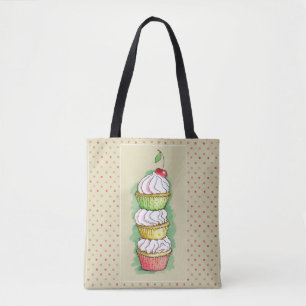 Bolsa Tote Cupcakes da aguarela. Ilustração da cozinha
