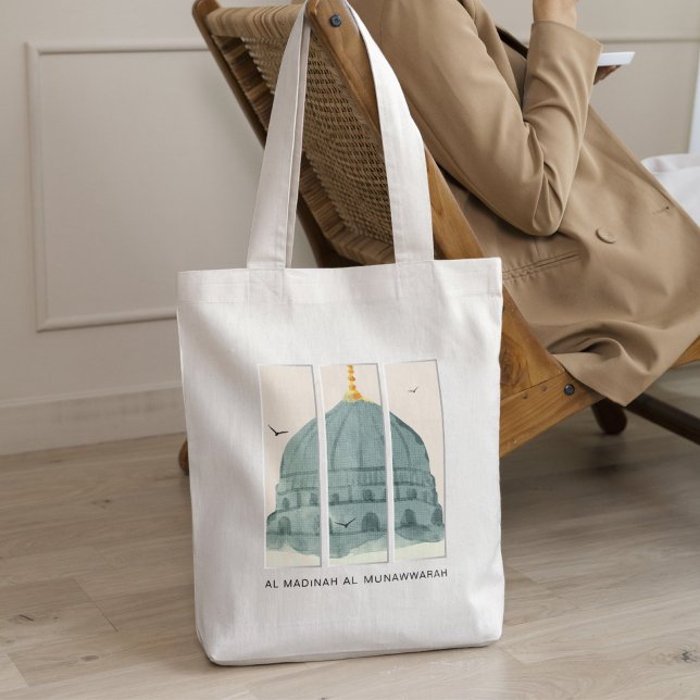 Bolsa Tote Cúpula Verde da Mesquita de an-Nabi Tríptico de Aq (Masjid an-Nabi Green Dome watercolor tote – luxury Islamic gift & faith statement.)