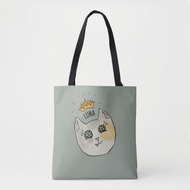 Bolsa Tote Custom Cat Name Art - Chubby White Cat with Crown (Frente)