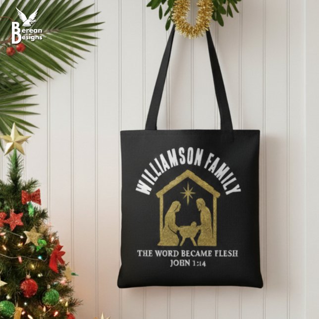 Bolsa Tote Custom Christian Glitter Nativity Family Christmas (Christian Christmas Family Gifts Tote Bag with custom name and gold glitter nativity scene.)