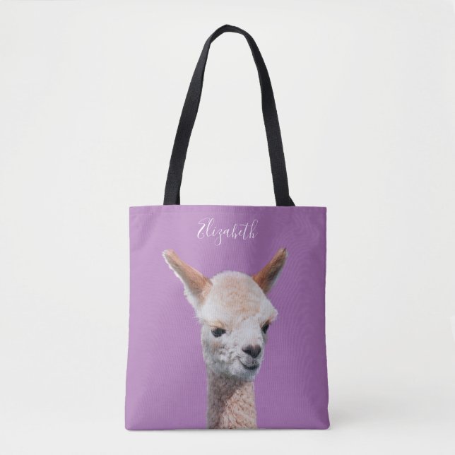 Bolsa Tote Cute Alpaca, Personalize o nome, Lavanda (Frente)