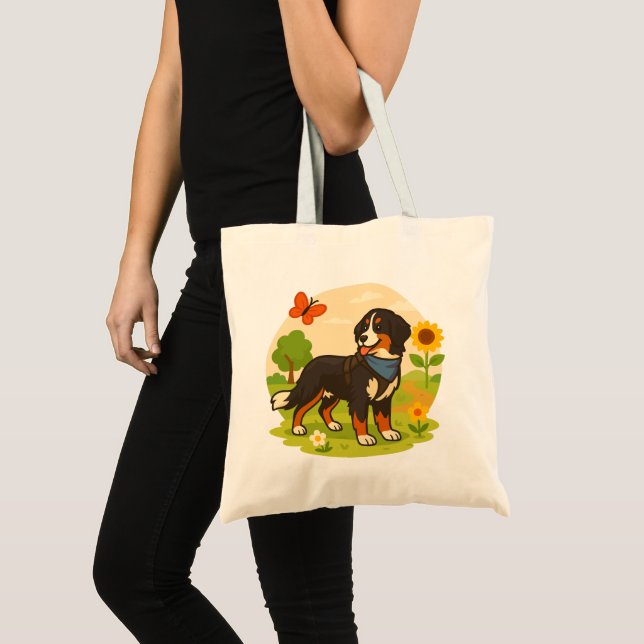 Bolsa Tote Cute Bernese Mountain Dog with Sunflower & Butterf (Frente (produto))