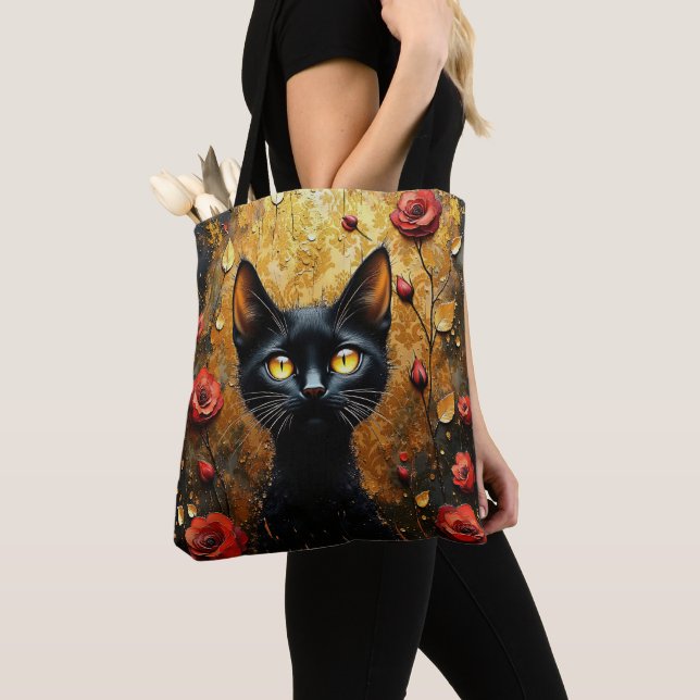 Bolsa Tote Cute Black Cat With Red Roses (Close Up)