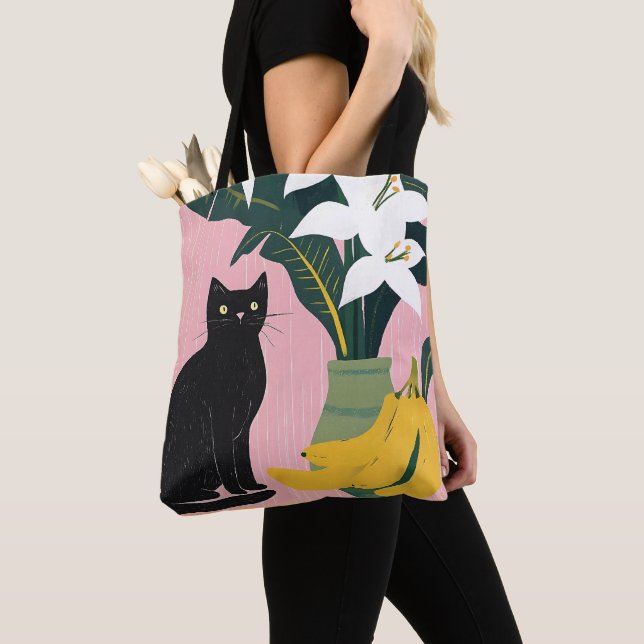Bolsa Tote Cute Black cat with White Flower (Close Up)