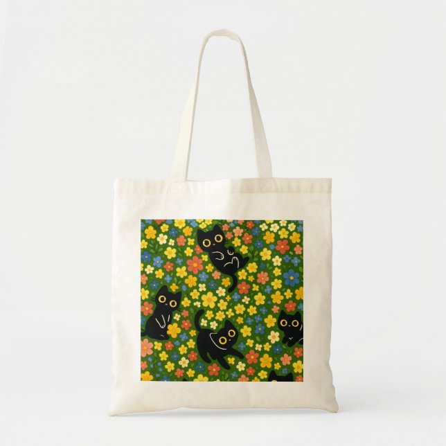 Bolsa Tote Cute Black Cats Floral Meadow Pattern (Frente)