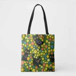Bolsa Tote Cute Black Cats Floral Meadow Pattern