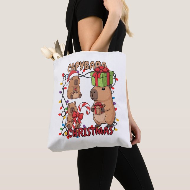 Bolsa Tote Cute Capybara Christmas Lights Festive Party (Close Up)