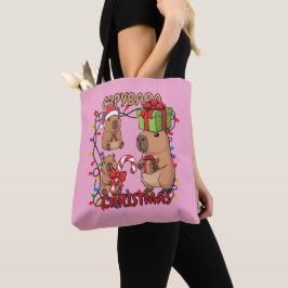 Bolsa Tote Cute Capybara Christmas Lights Festive Party Pink