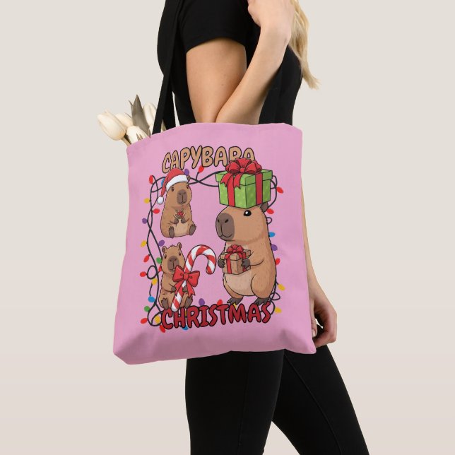 Bolsa Tote Cute Capybara Christmas Lights Festive Party Pink (Close Up)