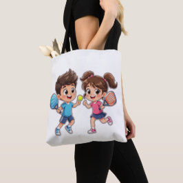 Bolsa Tote Cute Cartoon Boy and Girl Playing Padel Tennis – F