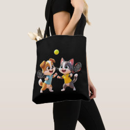 Bolsa Tote Cute Cartoon Dog and Cat Playing Padel Tennis – Fu