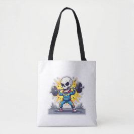 Bolsa Tote “Cute Cartoon Skeleton Weightlifter • Funny Gym Ba