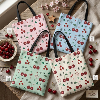 Bolsa Tote Cute Cherry Pattern Mint Green Cottagecore